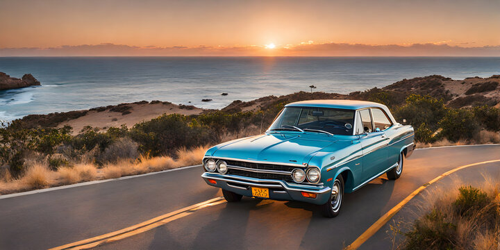 Fototapeta 1960s California summer: vintage car cruising coastal highway