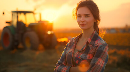 Woman agronomist farmer with tractor in the field.