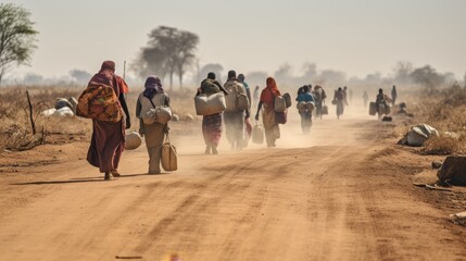 A group of refugees walking along a dusty road carrying their belongings 
