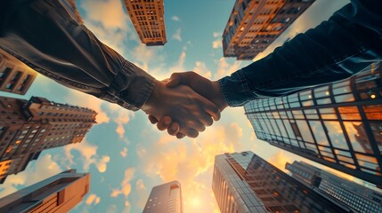 Successful Business Partnership Sealed with Handshake Amidst Towering Skyscrapers,Symbolizing Triumphs in the Corporate Realm - obrazy, fototapety, plakaty
