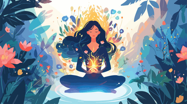 Woman sitting in lotus position. Meditation aura an