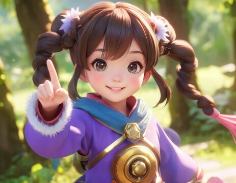 A cheerful young anime adventurer with sparkling eyes and braided hair offers a friendly victory sign while basking in the serene beauty of a sunlit forest.