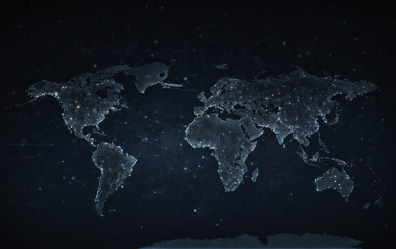 Abstract image of a world map in the form of a starry sky or space, consisting of points, lines, and shapes in the form of planets, stars and the universe. World vector wireframe concept, Very realist