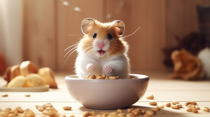 A cute hamster peeks out from a white bowl filled with grains, with its tiny paws grasping the rim, set against a soft-focus wooden background. - obrazy, fototapety, plakaty