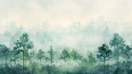 Serene Watercolor-Inspired Landscape of Newly Budding Forest with Misty Morning Atmosphere and Thriving Ecosystem