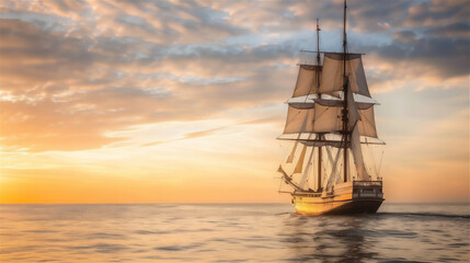 sailing ship in the sunset - obrazy, fototapety, plakaty