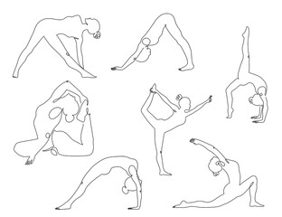 Series of Illustrated Yoga Poses - Outline Silhouette of a Woman