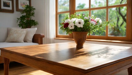 Close-up an empty wooden table a sunlit living room, windows that bathe the space in natural light, light wooden table with fresh flowers,, flowers in a vase on a table
