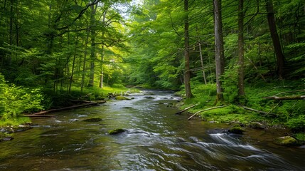 Obraz premium Lush Forested River Flowing Through Serene Natural Landscape