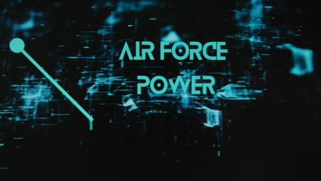Air Force Power inscription on black background with neon holograms. Graphic presentation with silhouettes of soldiers with guns. Military concept