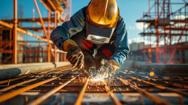 Focused construction worker in safety gear welding steel rebar on a sunny construction site.