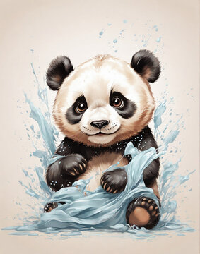 Adorable drawing of a cute baby panda. Retro t-shirt art style painting at white background
