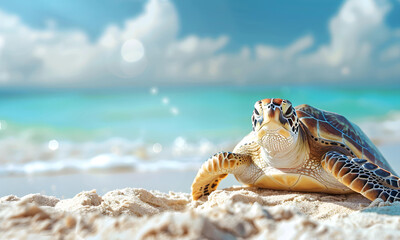 A beautiful beach white sand beach and turquoise water with a turtle. Holiday summer beach background.  - 776048724