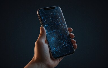 Abstract vector image of a phone in a hand low poly blue wire frame blue illustration on dark background. Lines and dots. RGB Color mode. Best idea concept. Polygonal art, Very realistic, 8k quality, 