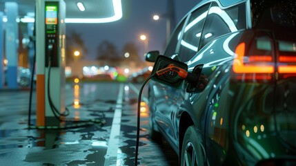 Green car refueling with electricity at station  AI generated illustration - obrazy, fototapety, plakaty
