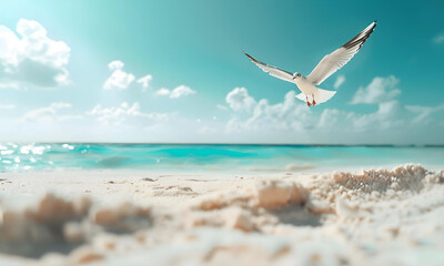 A beautiful beach white sand beach and turquoise water with a seagull. Holiday summer beach background.  - 776049194