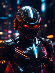 Futuristic robot in black strong fit armor with red glowing lights, the background is a neon grid simulation virtual digital world.