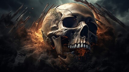 A rotted skull with bones, with the remains of earth. - obrazy, fototapety, plakaty