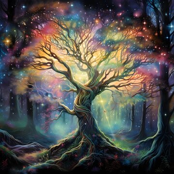 Rainbowhued Nature Spirits Exploring a Magical Moonlit Forest in Watercolor