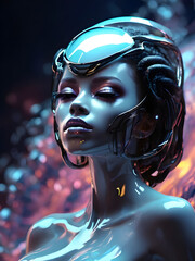Portrait of a beautiful black woman as the futuristic Science fiction human robot with a touch of surrealism.