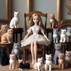 Doll sitting on a chair with many cats