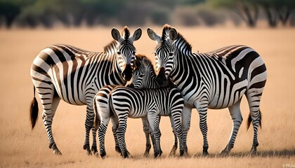Fototapeta na wymiar A-Zebra-Family-Huddled-Together-For-Safety- 3