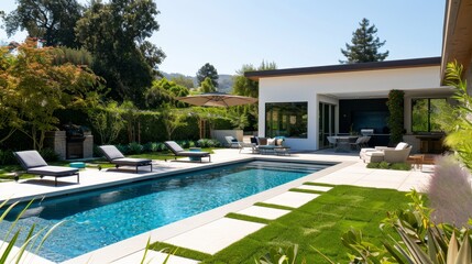 Modern poolside oasis with sleek lines and no distra  AI generated illustration