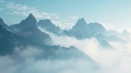Mountain peaks looming through the morning fog  AI generated illustration - obrazy, fototapety, plakaty