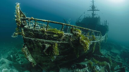Mysterious shipwrecks covered in algae and marine li  AI generated illustration - obrazy, fototapety, plakaty