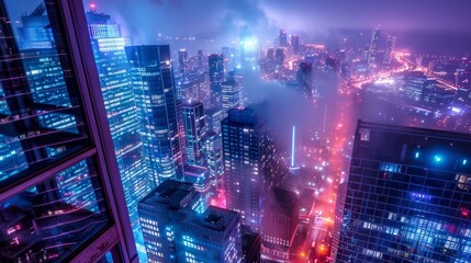 Neon lights illuminate the city below casting a futu AI generated illustration
