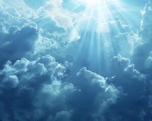 Radiant Celestial Rays Illuminating Serene Cloudy Sky for Inspiring Visuals and Motivational Designs