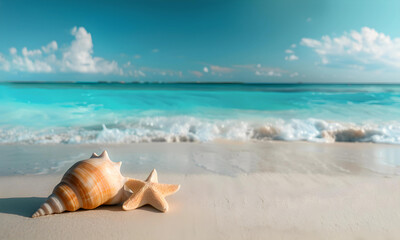 A beautiful beach white sand beach and turquoise water with a white conch shell and a star fish on sand. Holiday summer beach background.  - 776050388