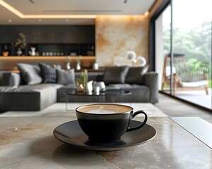 Stylish Coffee Cup in a Cozy Modern Home Interior with Scenic Outdoor View