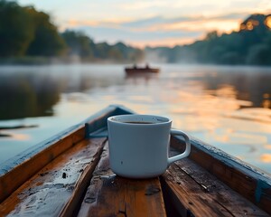Steamy Coffee Cup on an Early Morning Fishing Voyage Amid Tranquil Lake Reflections at Dusk