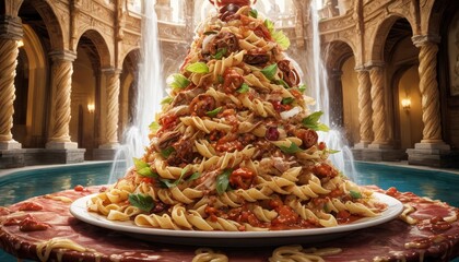 An impressive mountain of pasta rises majestically on a large plate, set against a luxurious fountain and classical architecture, showcasing a feast for the eyes.
