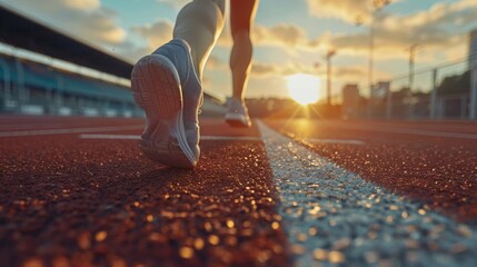 Close up of athlete legs running on racetrack at stadium. background sunset - obrazy, fototapety, plakaty