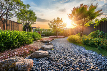 A beautiful modern garden with a pebbles path, during the sunrise