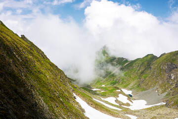 alpine landscape in summer. spots of snow among grass on the rocky hills of fagaras range beneath a sky with clouds. popular travel destination in the mountains of romania - 776050972