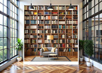 Spacious bookcase filled with numerous books in home interior setting