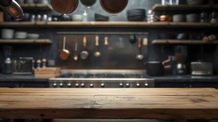 Focus on a rustic wooden counter in a cozy kitchen, with a professional espresso machine and kitchenware in the background.
