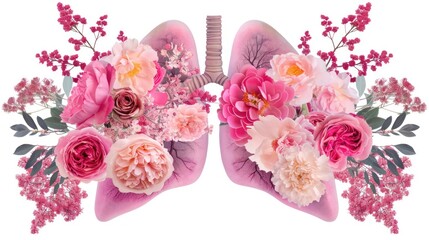 Innovative 3D depiction of a bouquet of flowers arranged to resemble human lungs, evoking themes of health and nature.
