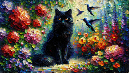 Construct an impressionistic painting of a majestic black cat sitting amidst a vibrant flower garden. The cat's eyes should be bright and captivating