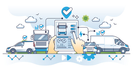 Fleet management system or FMS as logistic trucks software outline concept, transparent background. Company car, trailer or freight control with digital application illustration.