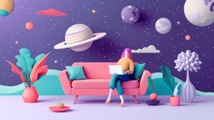 Naklejka premium 3D illustration of a woman sitting on a sofa with a laptop, representing remote work or leisurely browsing. 