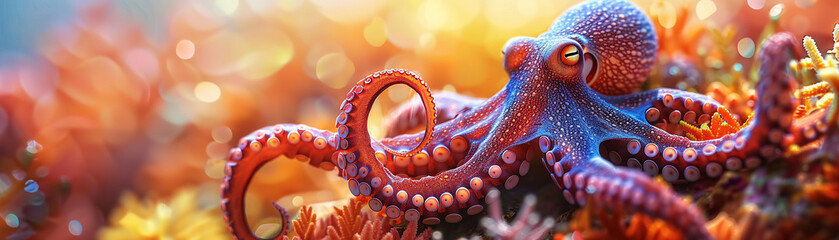 Giant Octopus, tentacles, majestic sea creature, exploring a colorful coral reef, with sunlight filtering through the water, 3D render, Golden hour, Depth of field bokeh effect - obrazy, fototapety, plakaty