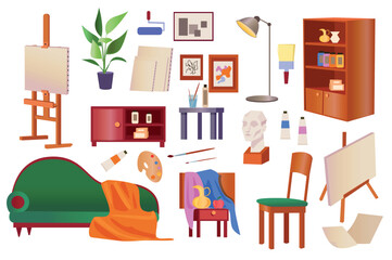 Set of art workshop in flat cartoon design. The elements of decor and furniture shown in this illustration are necessary for setting up a drawing class. Vector illustration.