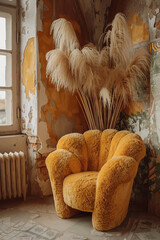 A simple, yellow chair is positioned beside a window in a room. The chair is unoccupied, bathed in natural light from the window. The room appears clean and uncluttered.