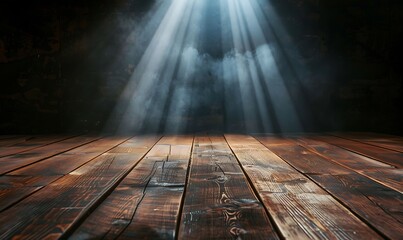 Wooden stage illuminated by spotlight against dark backdrop