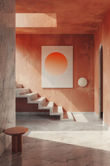 A room with a painting hanging on the wall and a staircase leading to another level. The stairs are wooden, and the room is well-lit, showcasing the artwork and architectural elements.