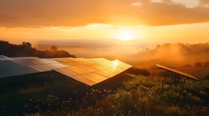 Glimmering Solar Panels Atop Cozy Rural Homes Amid Breathtaking Sunrise Landscape